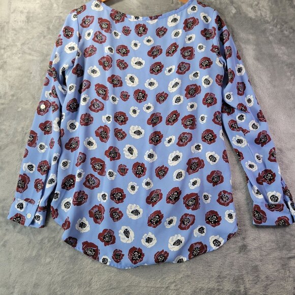 LOFT Ann Taylor Women’s Top S Blue Red Floral Blouse Long Sleeve High Low Vibes - Picture 8 of 10